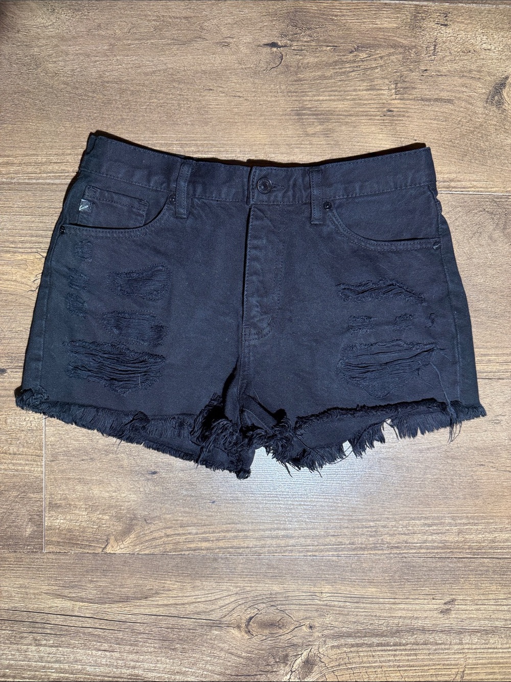 Kancan Women’s Black Distressed Denim Shorts High Rise Frayed Hem - Size 5/26